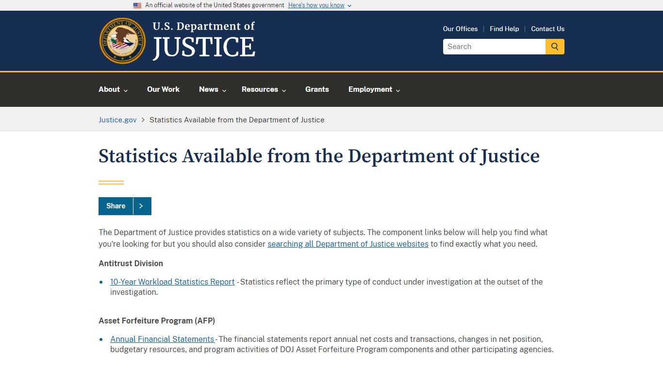 Statistics Available from the Department of Justice